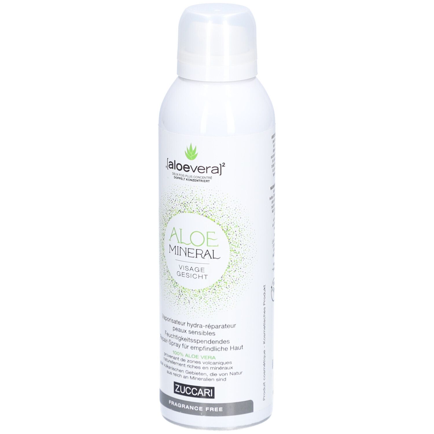 Flacon spray blanc avec logo vert et texte. Inscription: Aloe Mineral Visage Gesicht. Marque Zuccari. Sans parfum.