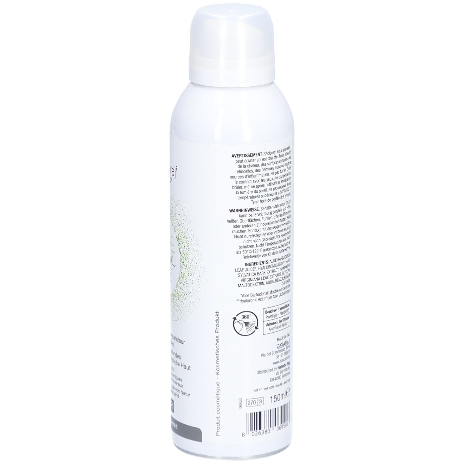 Flacon spray blanc, dos avec texte. Contient des informations sur les ingrédients et l'utilisation. Marque Zuccari.