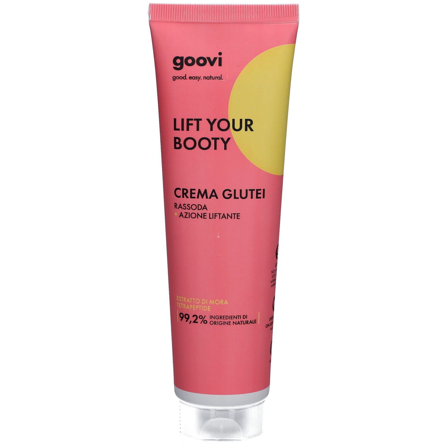 Rosa Tube mit gelbem Akzent. Aufschrift: GOOVI, LIFT YOUR BOOTY, CREMA GLUTEI. Enthält 99,2% Inhaltsstoffe natürlichen Ursprungs.