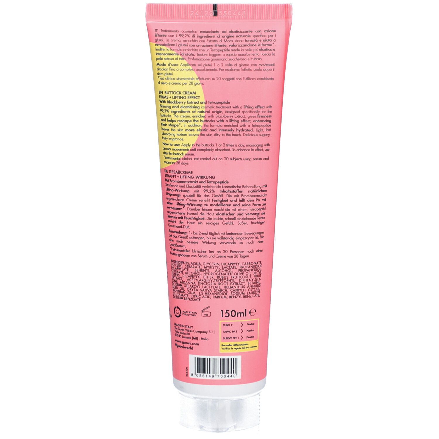 Rückseite der rosa Tube. Text in mehreren Sprachen. Enthält Informationen zu Inhaltsstoffen und Anwendung. Volumen: 150ml.