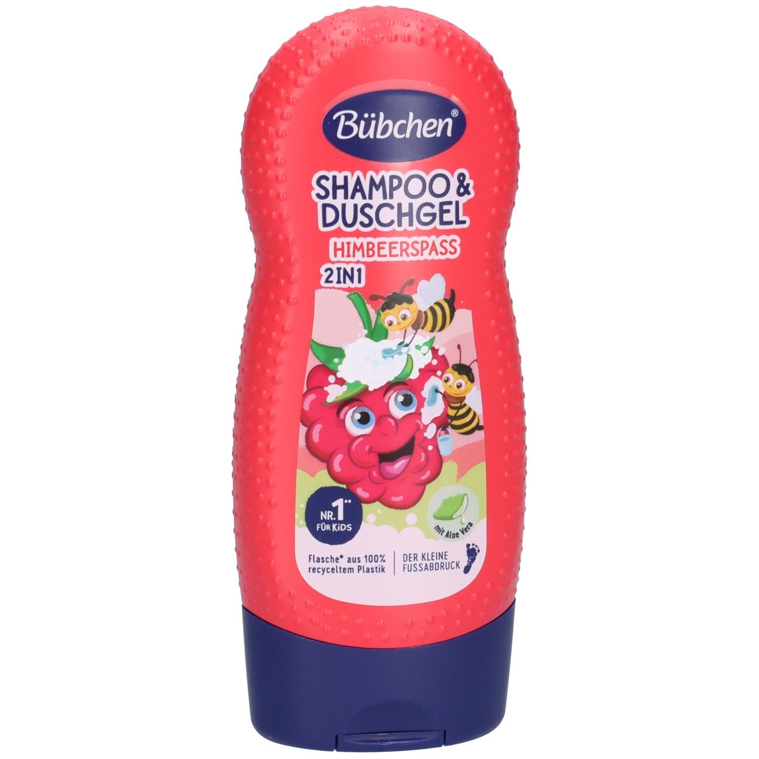 Bubchen Shampoo & Duschgel Himbeerspass 2in1 in einer roten Flasche mit Bienen- und Himbeer-Motiv.