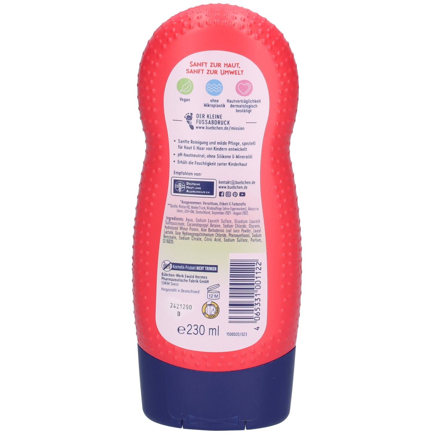 Rote Flasche mit blauem Verschluss, 230 ml Inhalt. Enthält Produktinformationen und Inhaltsstoffe.