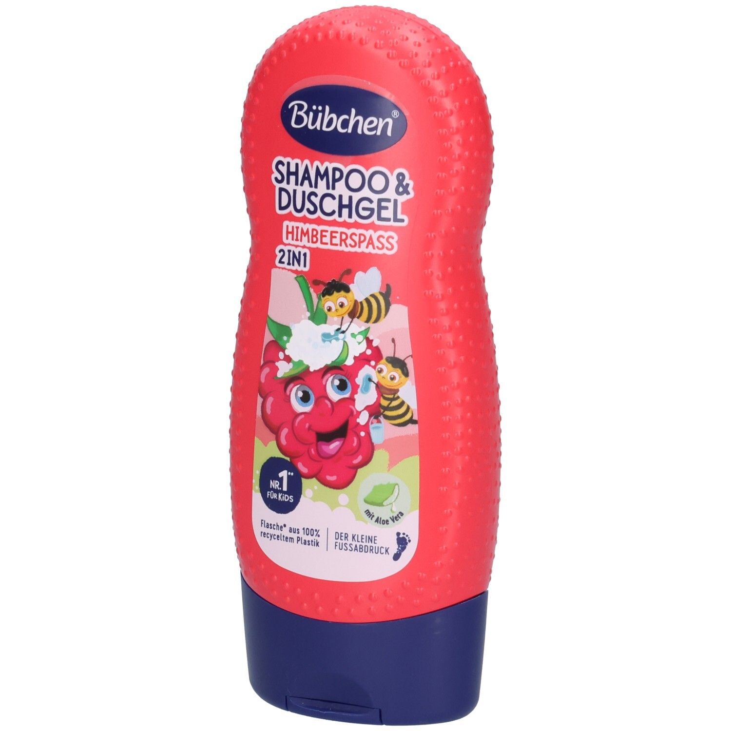 Bubchen Shampoo & Duschgel Himbeerspaß 2in1 in roter Flasche mit Himbeer- und Bienenmotiv.