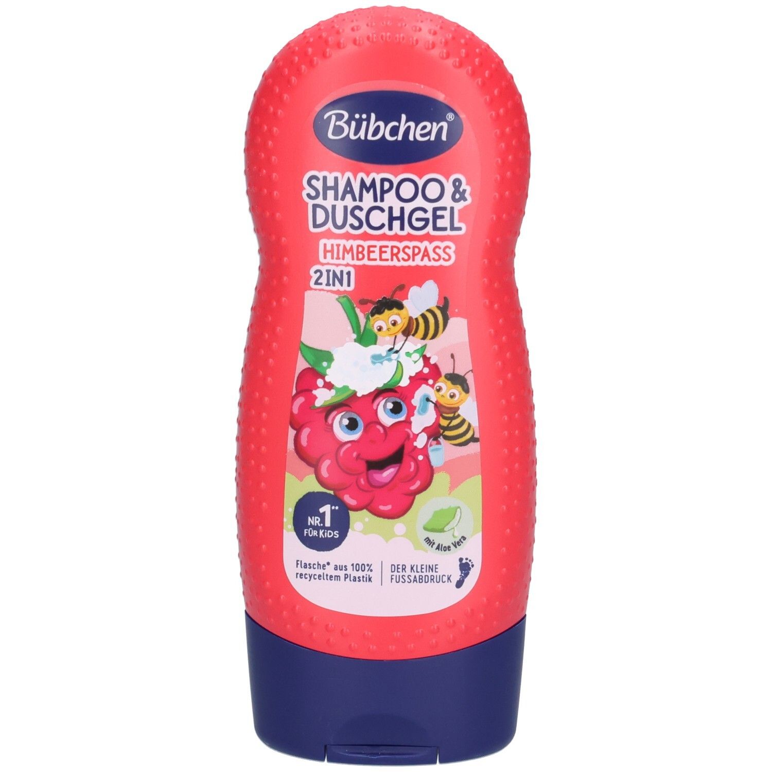 Rote 2in1 Shampoo & Duschgel Flasche von Bübchen mit Himbeer-Motiv und Bienen-Illustrationen. 250ml.