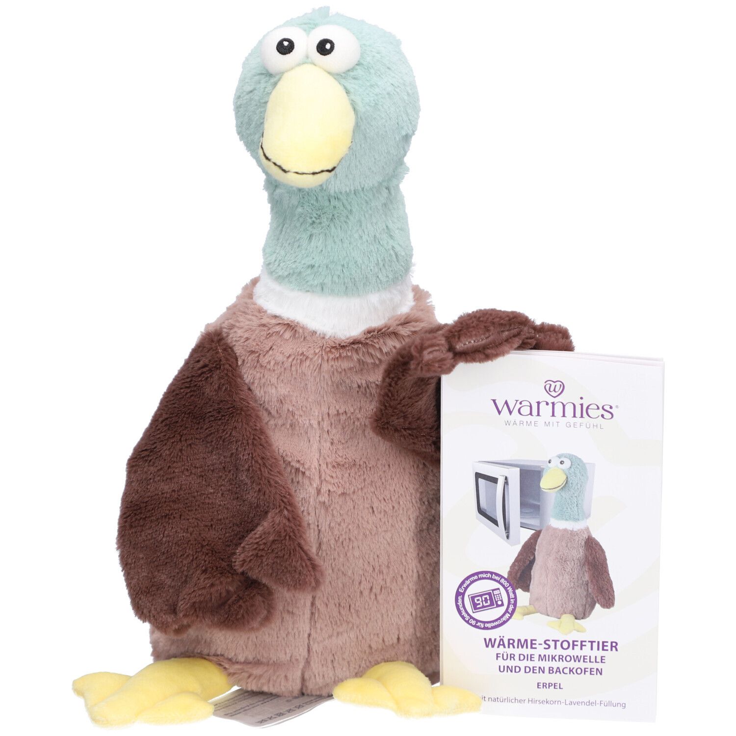 Canard en peluche marron, bleu et jaune. Avec emballage montrant le produit et la marque Warmies.