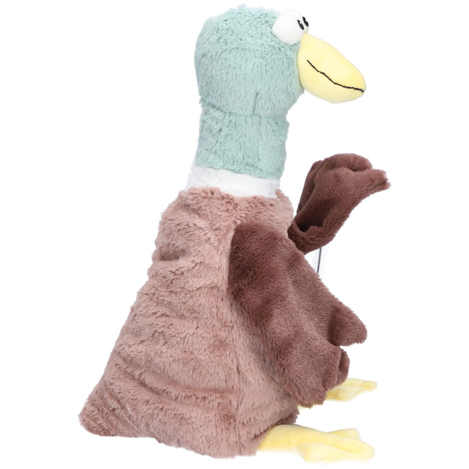 Canard en peluche marron, bleu et jaune. Vue latérale. Le produit a un col blanc.