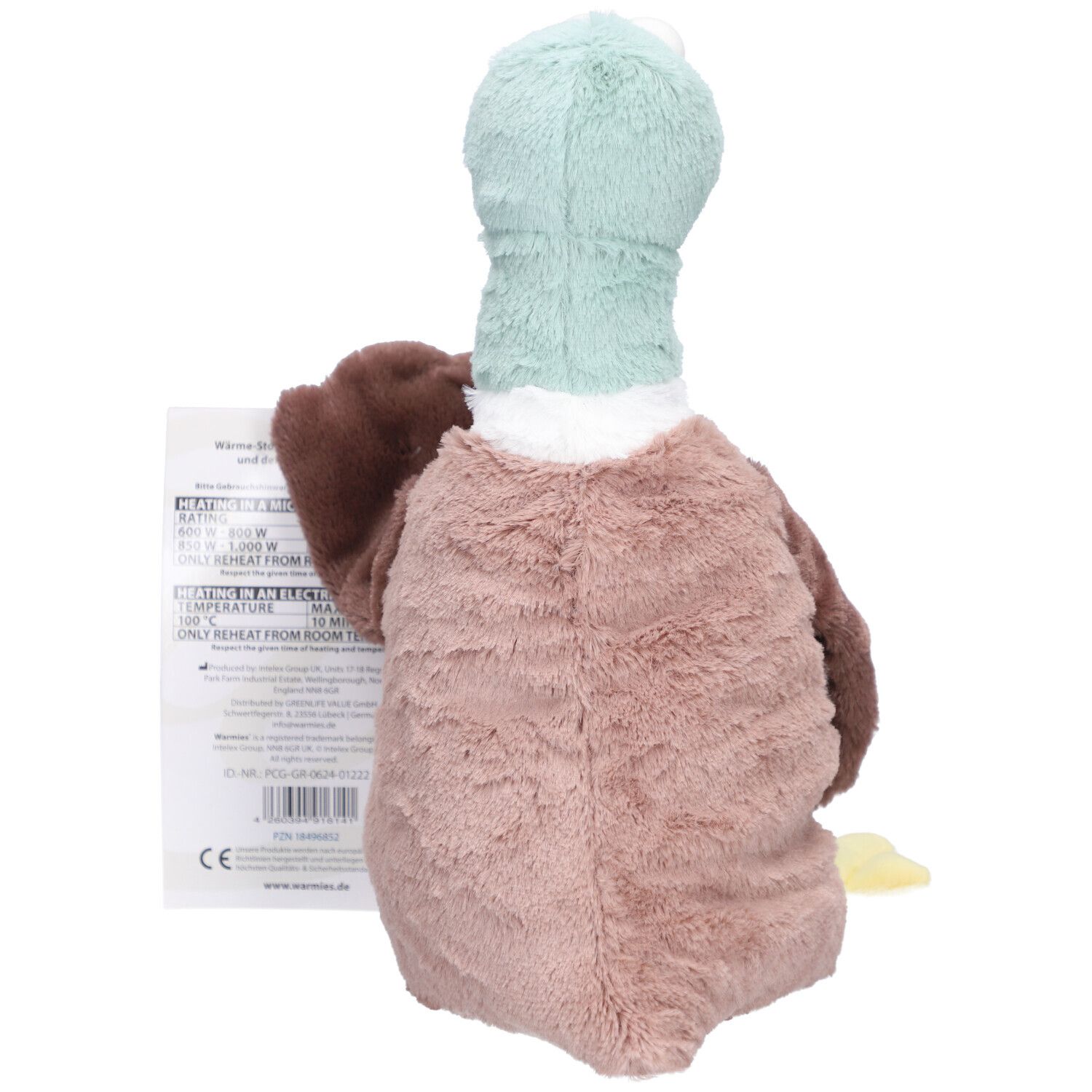 Vue arrière d'un canard en peluche marron, bleu et jaune. Avec étiquette.