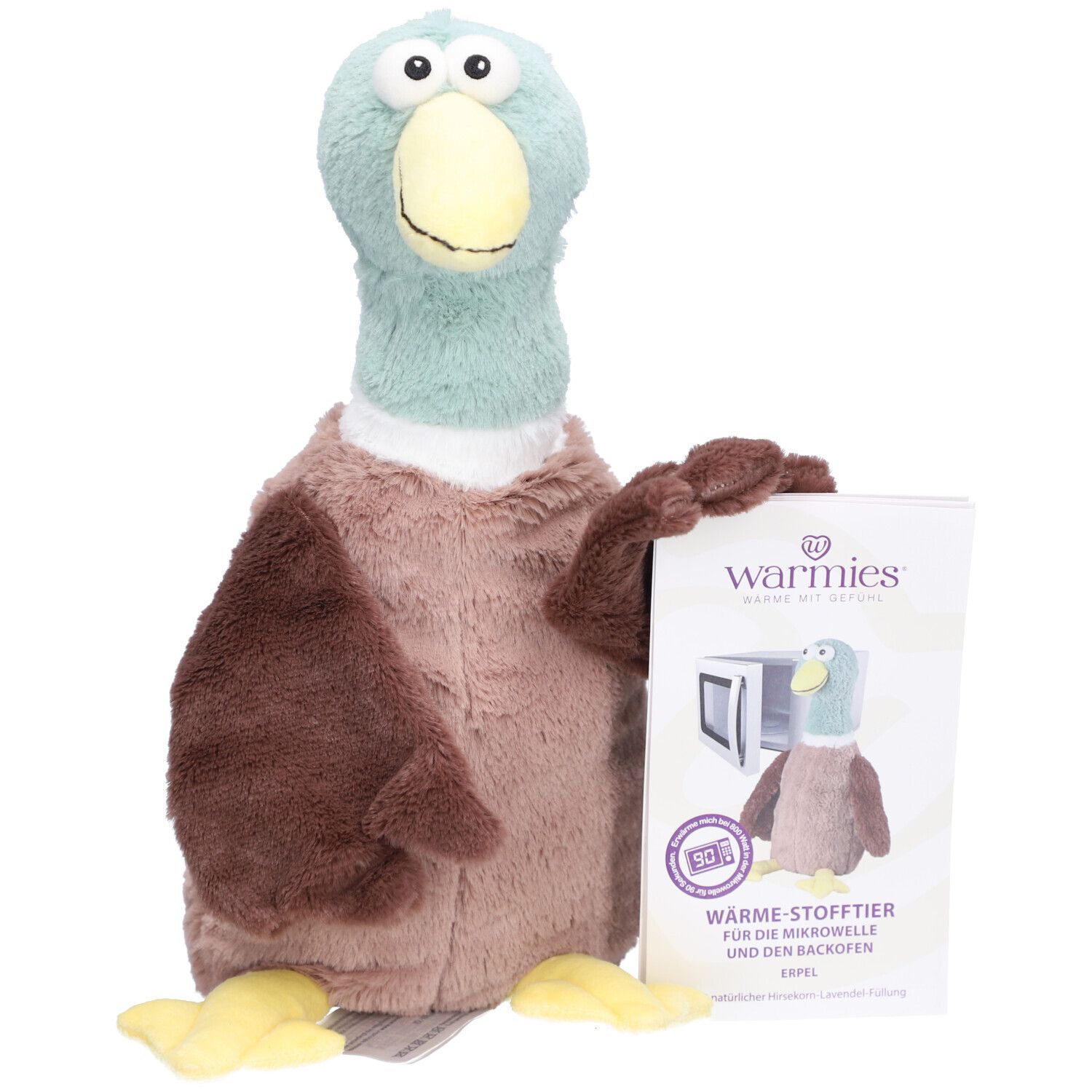 Canard en peluche marron, bleu et jaune. Avec emballage montrant le produit et la marque Warmies.