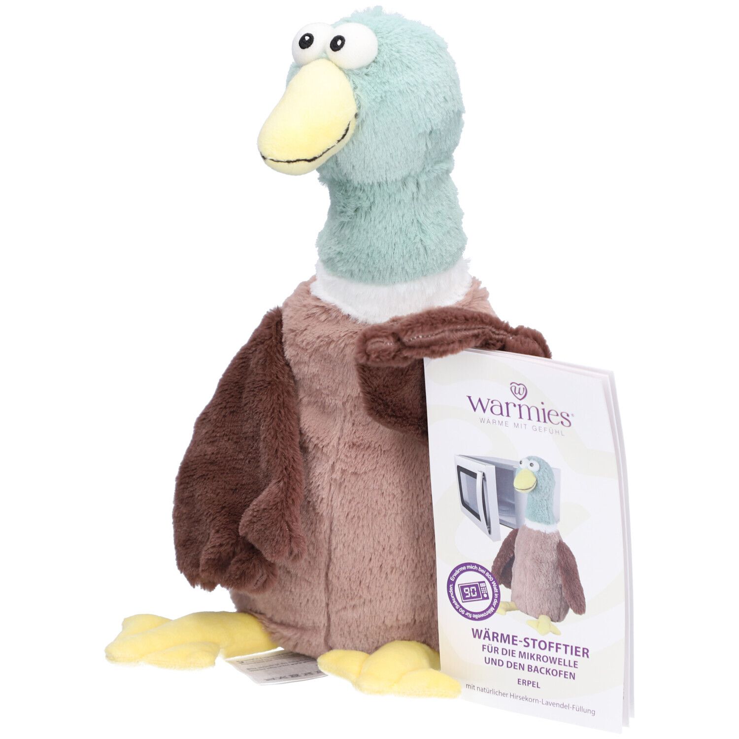 Canard en peluche marron, bleu et jaune. Avec emballage montrant le produit et la marque Warmies.