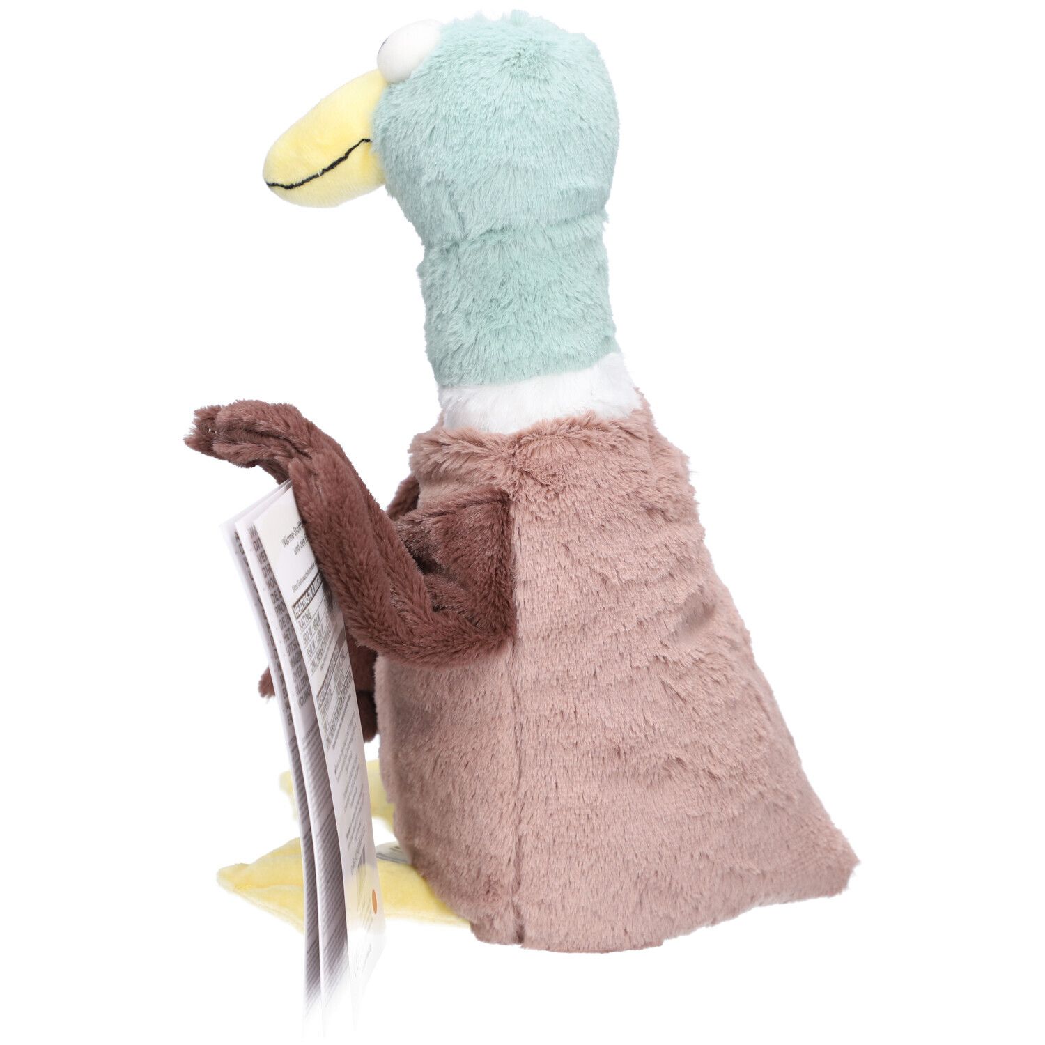 Canard en peluche marron, bleu et jaune. Tient une étiquette. Le produit a un col blanc.