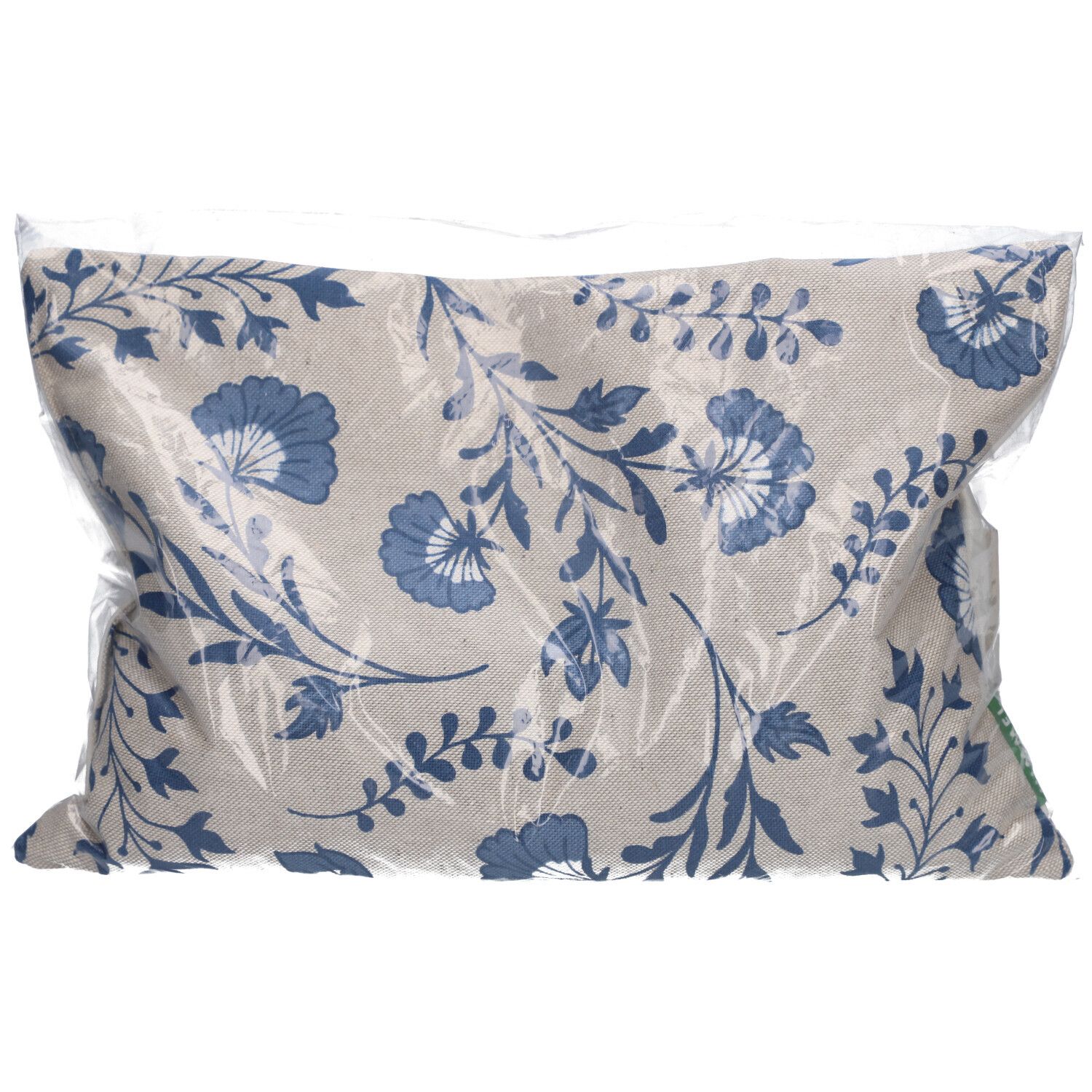 Kissen mit blauem Blumenmuster in transparenter Verpackung.
