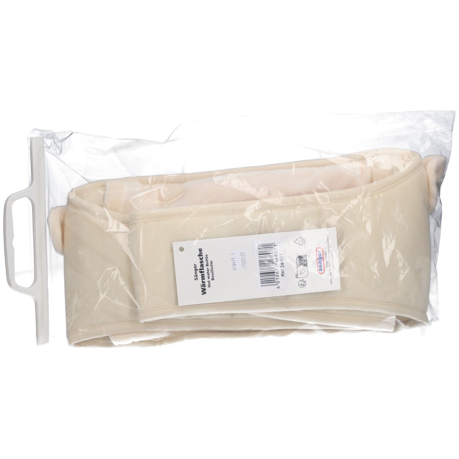 Ceinture chauffante beige en emballage plastique. Étiquette avec inscription 'SANGER Wärmeflasche'.