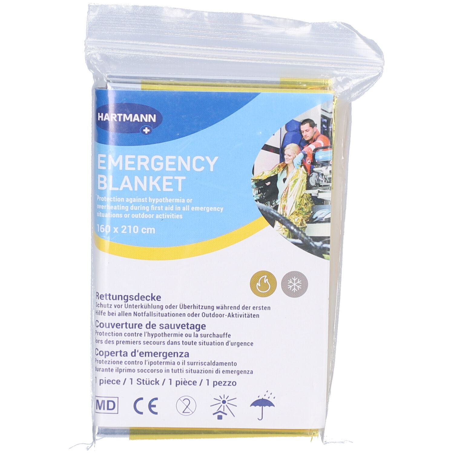 Notfalldecke in Folienverpackung. Gelb, 150 x 210 cm. Text: EMERGENCY BLANKET, HARTMANN. Mit CE-Kennzeichnung.