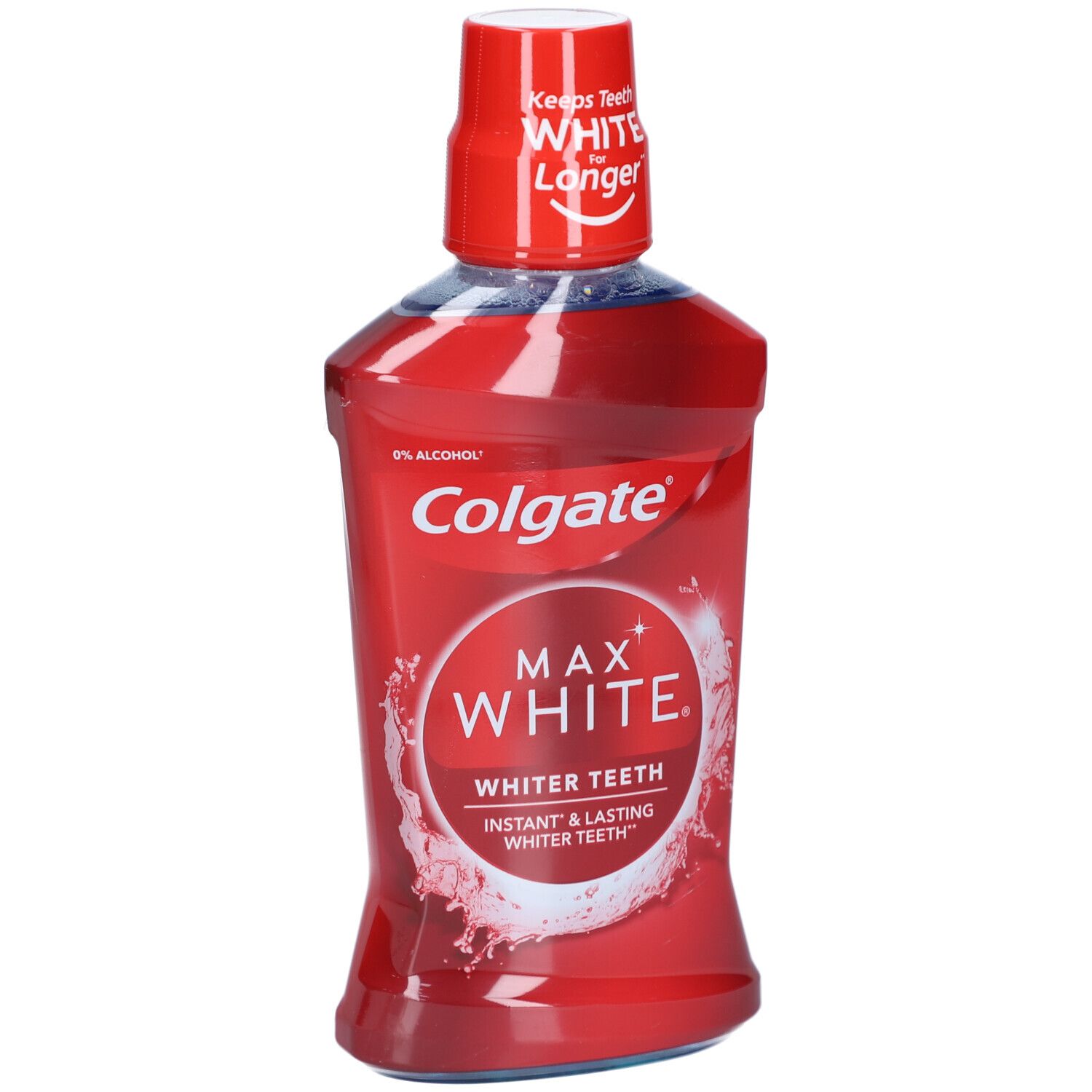 Bouteille rouge avec bouchon blanc. Inscription: Colgate Max White. Pour des dents plus blanches. 0% alcool.