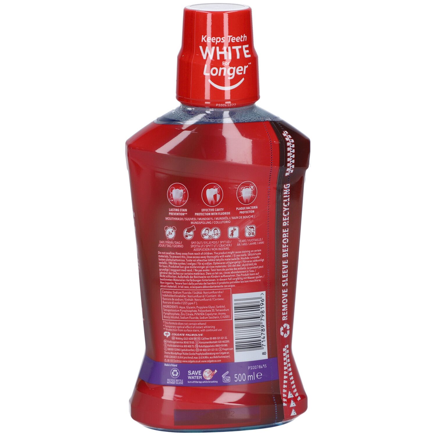 Bouteille rouge avec bouchon blanc. Dos avec texte, logos et symboles de recyclage. Inscription: Colgate.