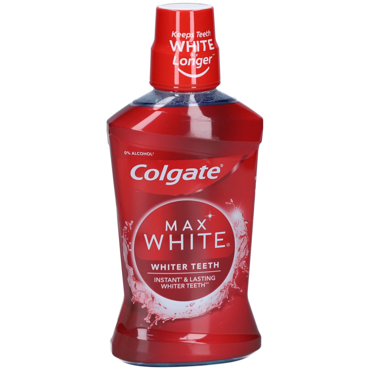 Bouteille rouge avec bouchon blanc. Inscription: Colgate Max White. Pour des dents plus blanches. 0% alcool.