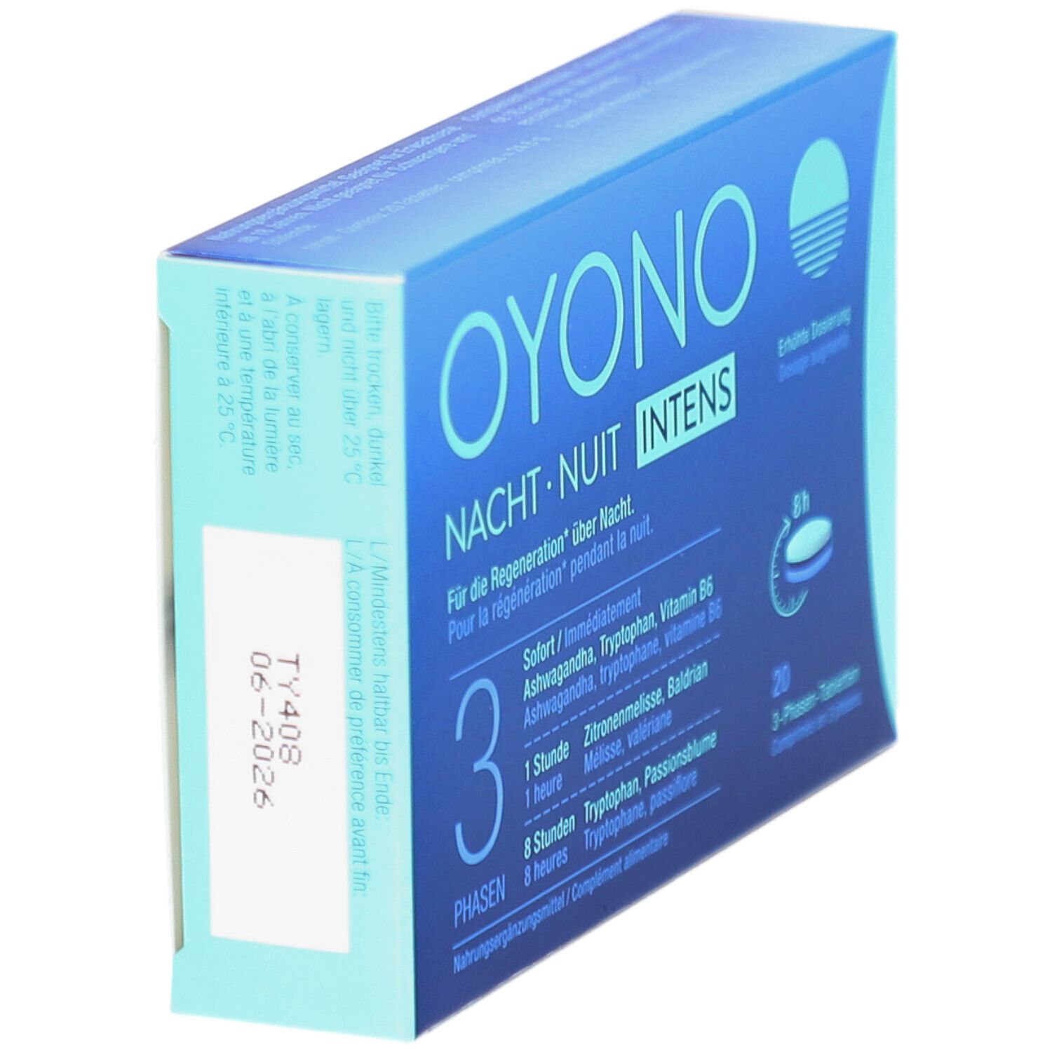 Blaue Schachtel, OYONO Nacht N Intens. Text: Regeneration über Nacht. 20 Tabletten. Mindesthaltbarkeit 06-2026.
