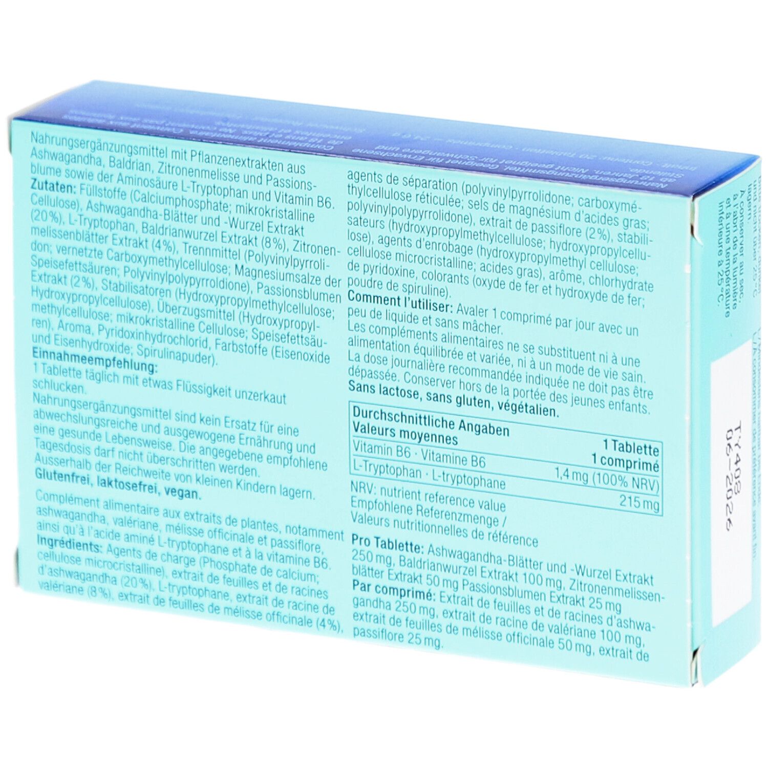 Rückseite der OYONO Nacht N Intens Schachtel. Text: Inhaltsstoffe, Nährwertangaben, Verzehrempfehlung. Vegan, glutenfrei, laktosefrei.