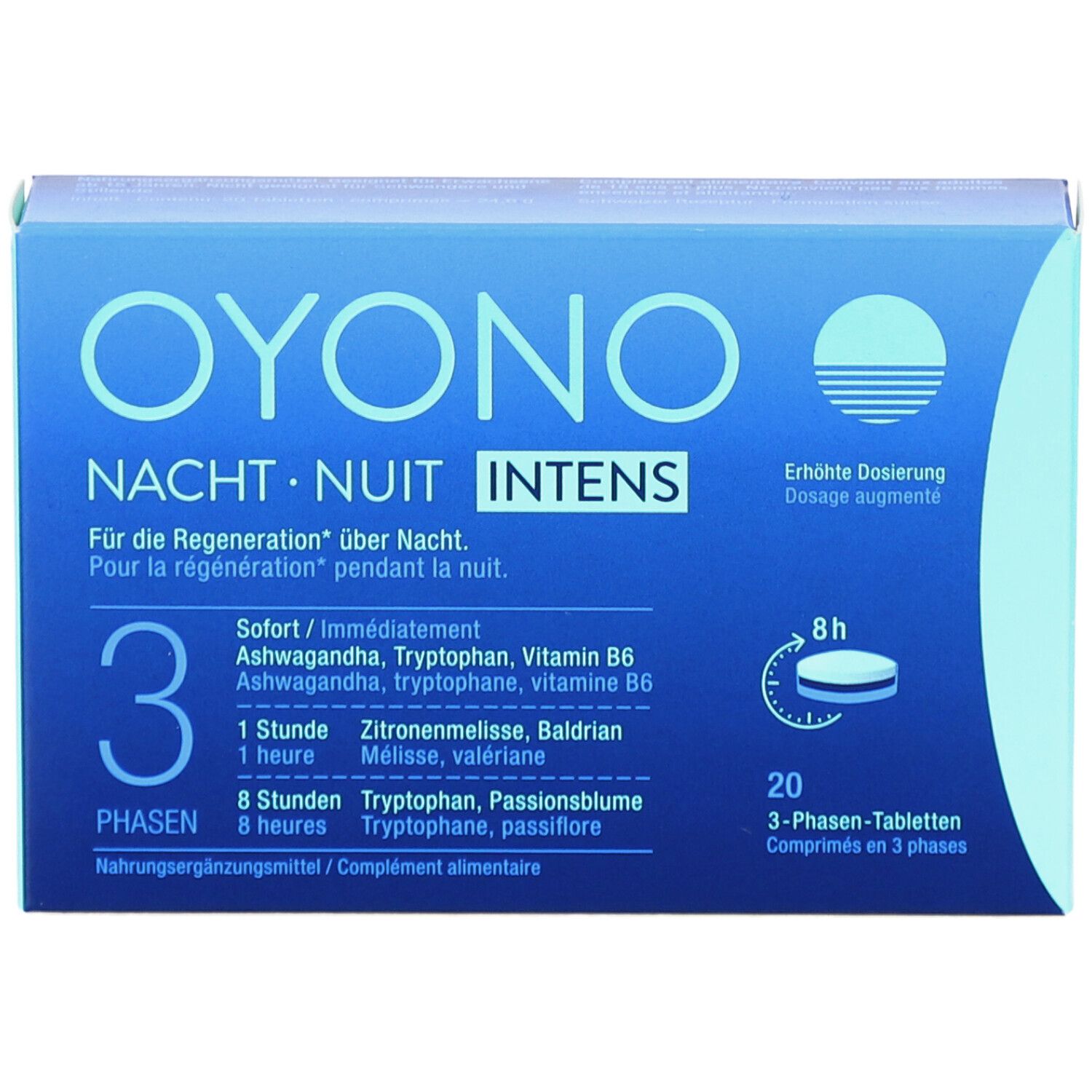 Blaue Schachtel OYONO Nacht N Intens. 20 Tabletten, 3 Phasen. Text: Regeneration über Nacht. Dosierung erhöht.