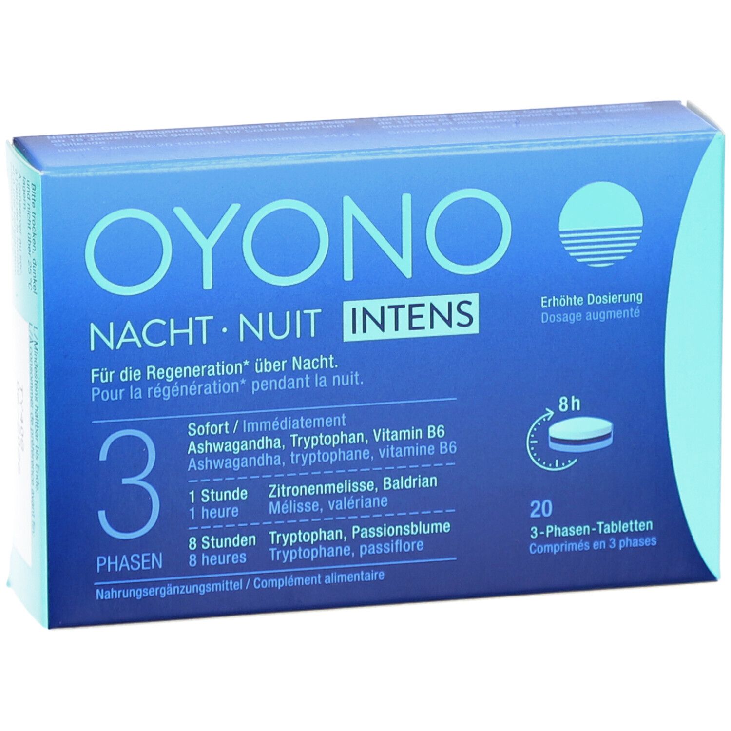 Blaue Schachtel OYONO Nacht N Intens. 20 Tabletten, 3 Phasen. Text: Regeneration über Nacht. Dosierung erhöht.
