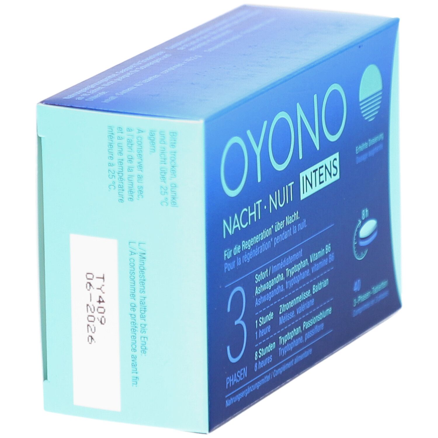 Schachtel OYONO Nacht Intens, blau-weiß. Aufdruck mit Inhaltsstoffen und Haltbarkeitsdatum. Eckansicht. Text in Deutsch und Französisch.