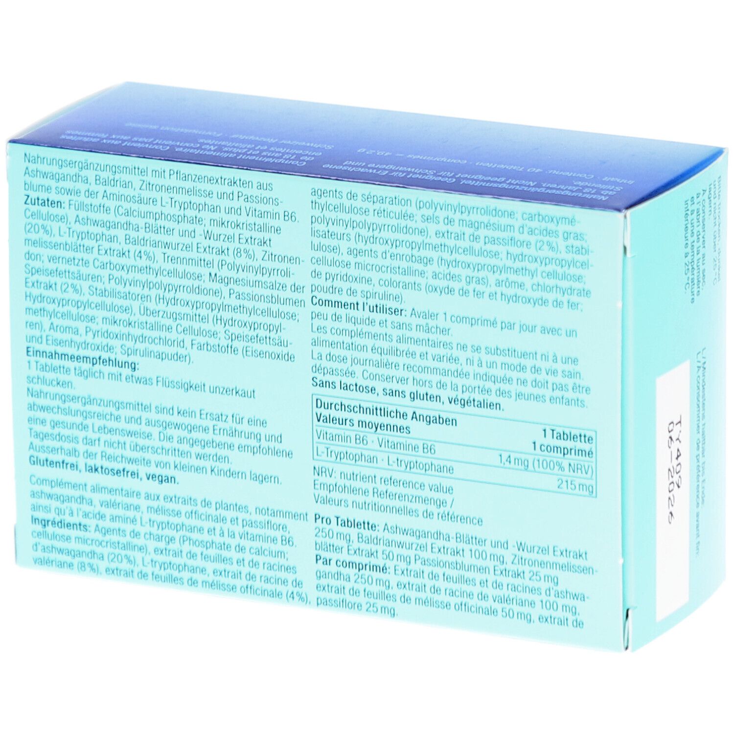 Rückseite der OYONO Nacht Intens Schachtel. Enthält Inhaltsstoffe, Nährwertangaben und Anwendungshinweise. Text in Deutsch und Französisch.