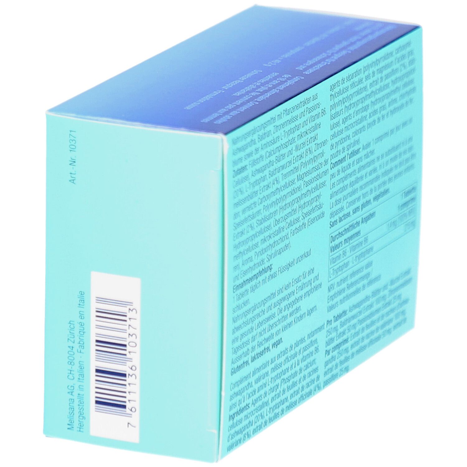 Seitenansicht der OYONO Nacht Intens Schachtel. Barcode und Herstellerinformationen. Text in Deutsch und Französisch.