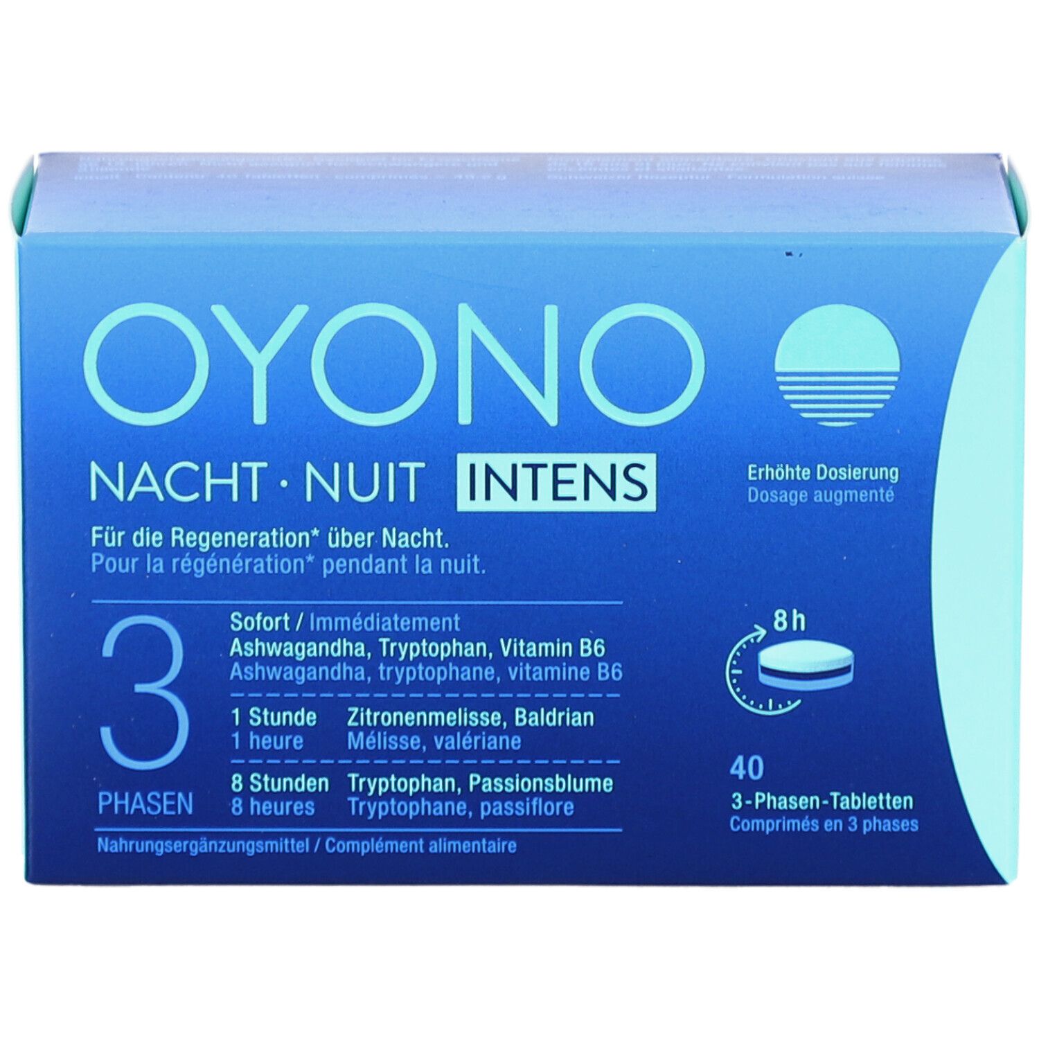 Blau-weiße Schachtel OYONO Nacht Intens. 3-Phasen-Tabletten. Enthält 40 Tabletten. Text in Deutsch und Französisch. Vorderansicht.