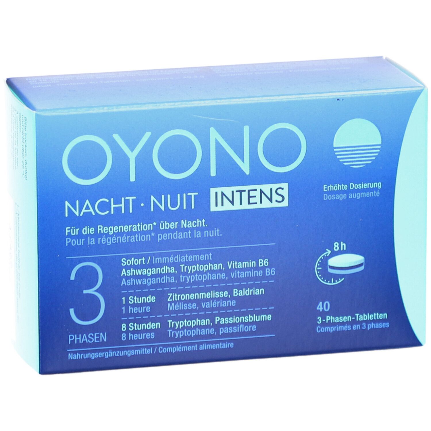 Blau-weiße Schachtel OYONO Nacht Intens. 3-Phasen-Tabletten. Enthält 40 Tabletten. Text in Deutsch und Französisch. Vorderansicht.