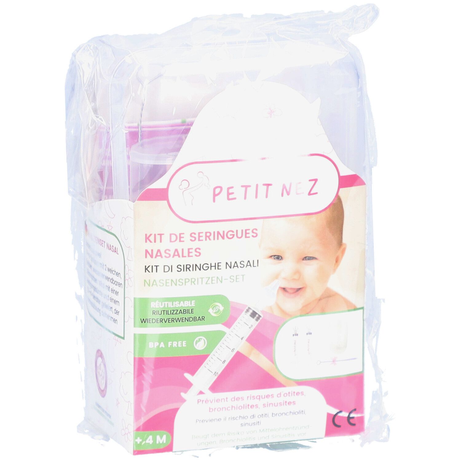 Verpackung mit Produktabbildung und Produktnamen. Enthält Nasenspritzen-Set. Baby auf der Verpackung.