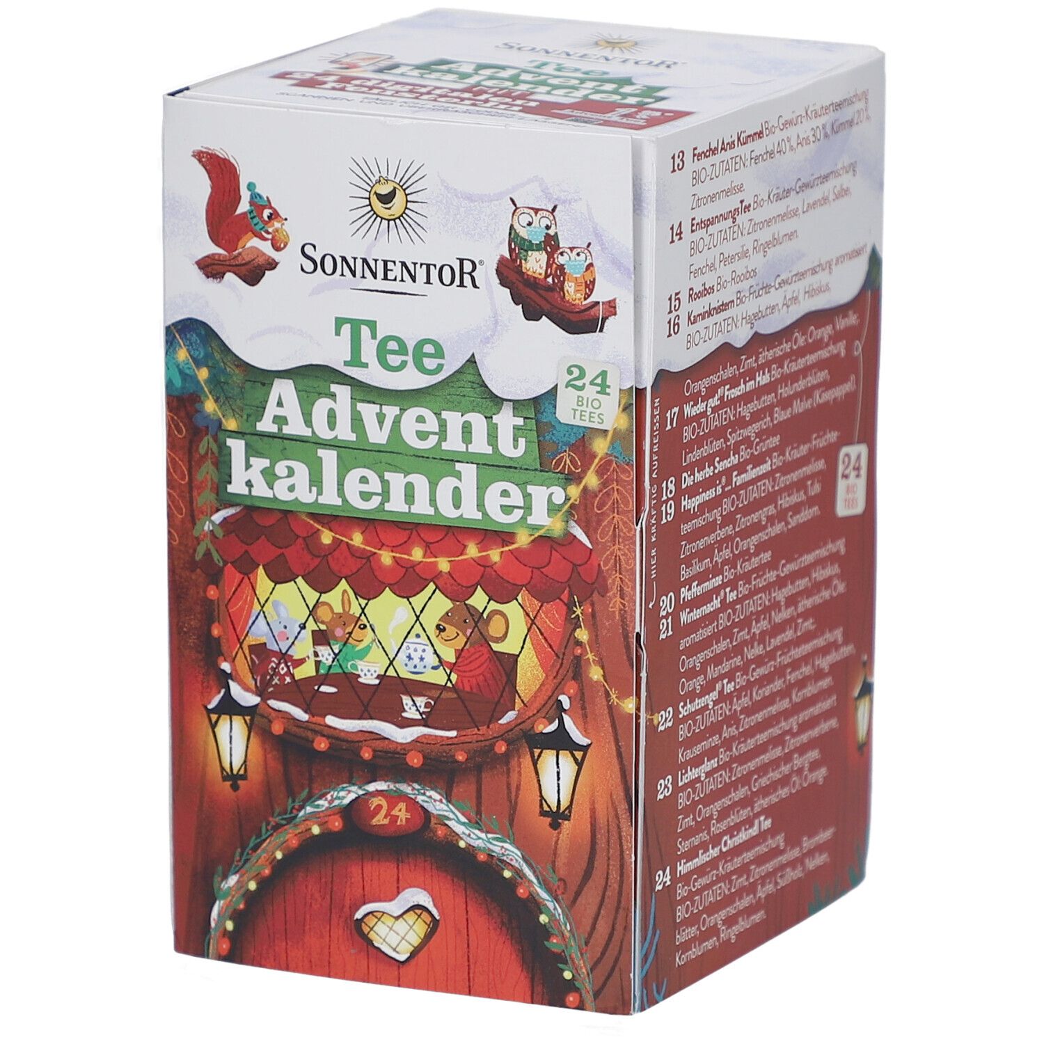 Calendrier de l'Avent SONNENTOR, 24 thés bio. Boîte avec illustrations : écureuil, hibou, maison avec porte, fenêtre, lanternes.