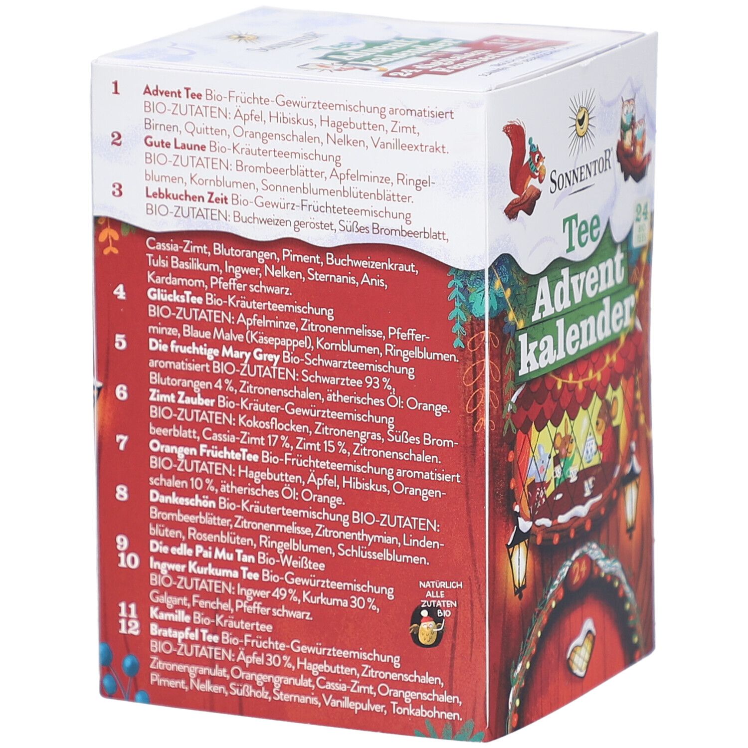 Calendrier de l'Avent SONNENTOR, 24 thés bio. Boîte avec listes d'ingrédients des thés. Texte en allemand.
