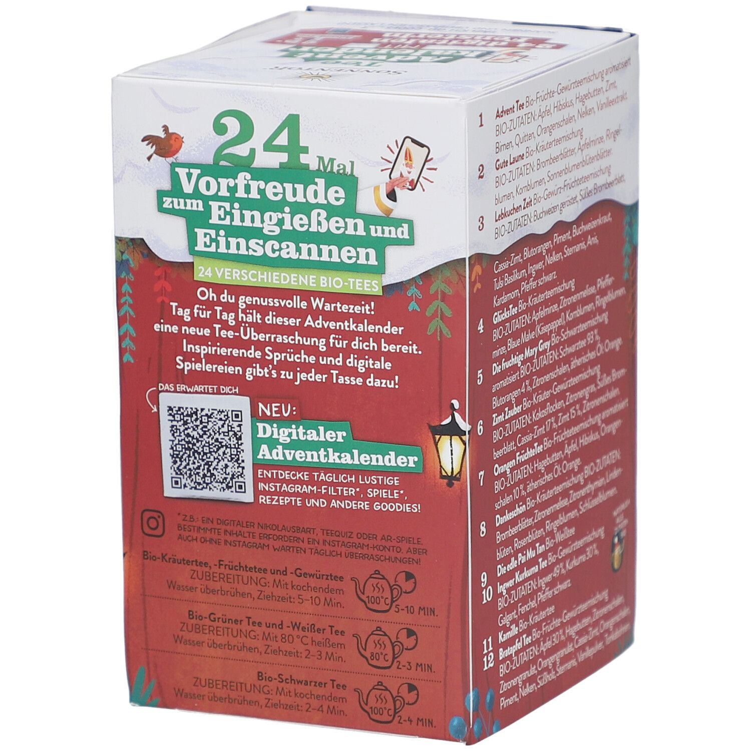 Calendrier de l'Avent SONNENTOR, 24 thés bio. Boîte avec texte : 24 Impatience à verser et scanner. Code QR.