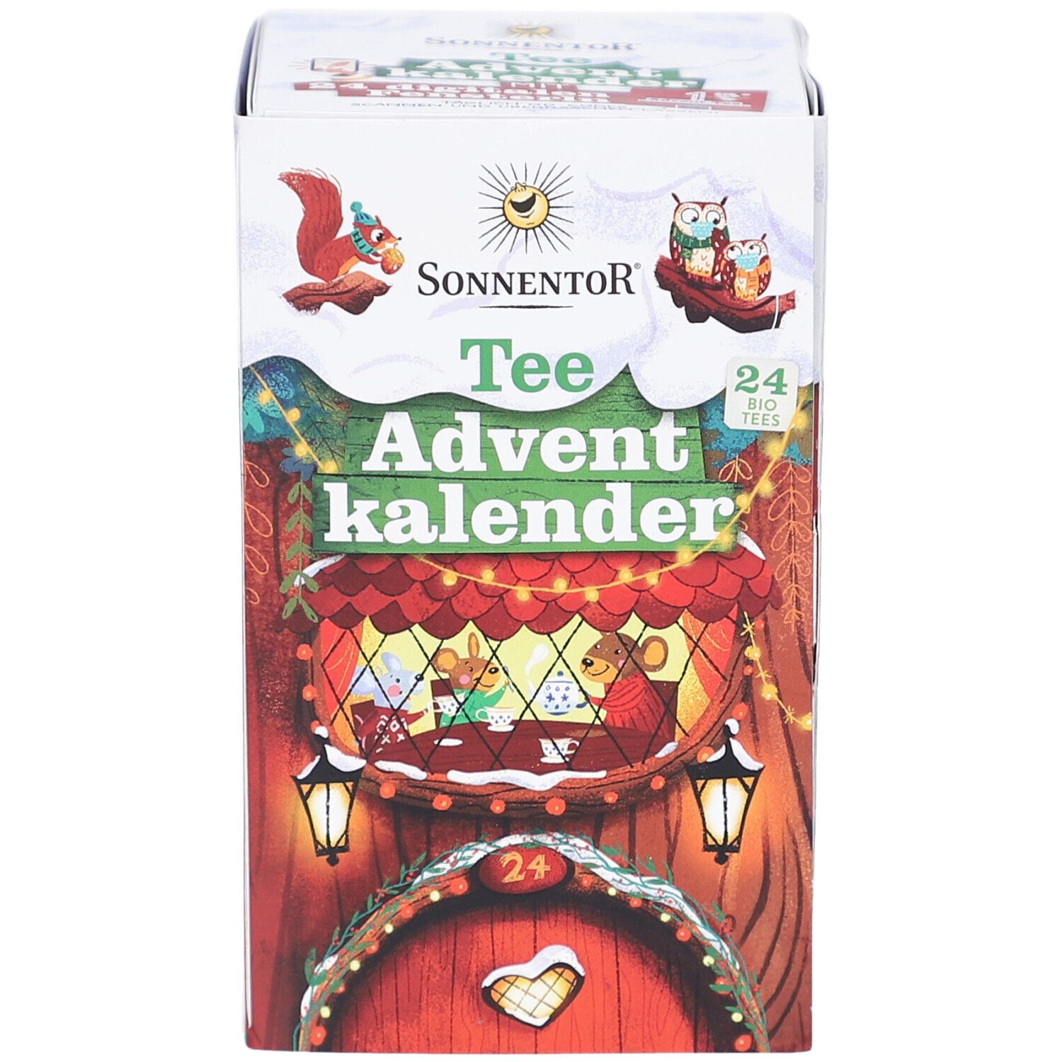 Calendrier de l'Avent SONNENTOR, 24 thés bio. Boîte avec illustrations : écureuil, hibou, maison avec porte, fenêtre, lanternes.