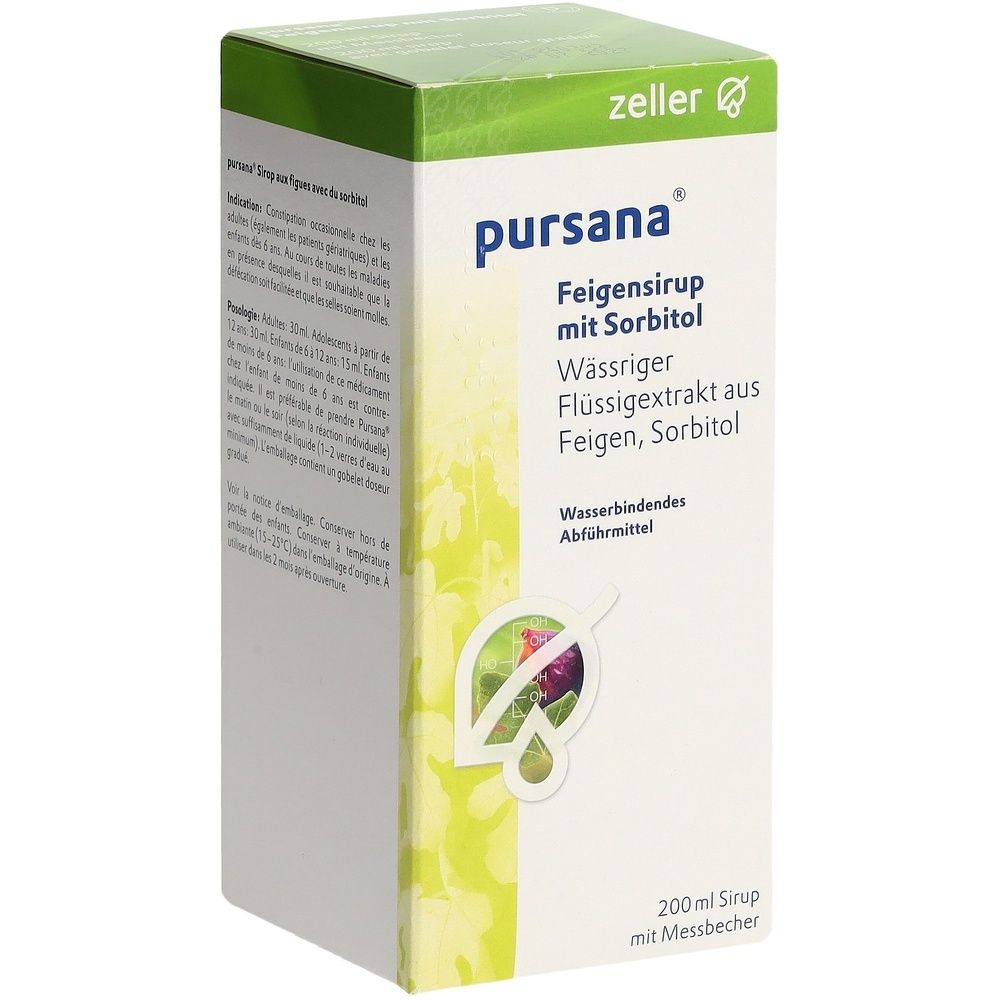 Karton mit Aufschrift "pursana Feigensirup mit Sorbitol". Grün-weiße Verpackung. Text in deutscher Sprache. Mit Messbecher.