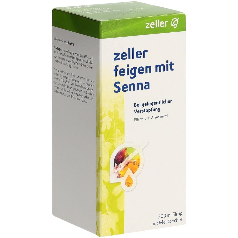 Karton mit "zeller feigen mit Senna". Text: Bei gelegentlicher Verstopfung. 200 ml Sirup mit Messbecher.