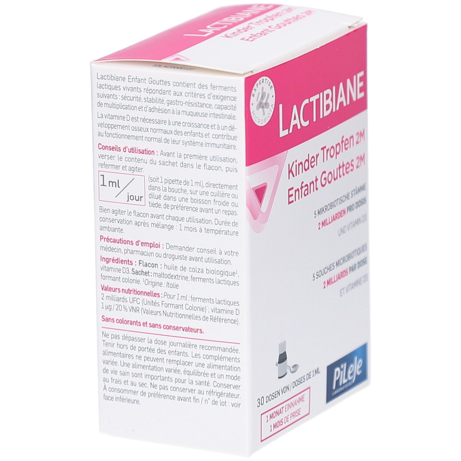 Schachtel mit Lactibiane Kinder Tropfen 2M. Seitenansicht mit Text. Enthält 30 Dosen von 1 ml. Tropfflasche abgebildet. Logo Pileje.