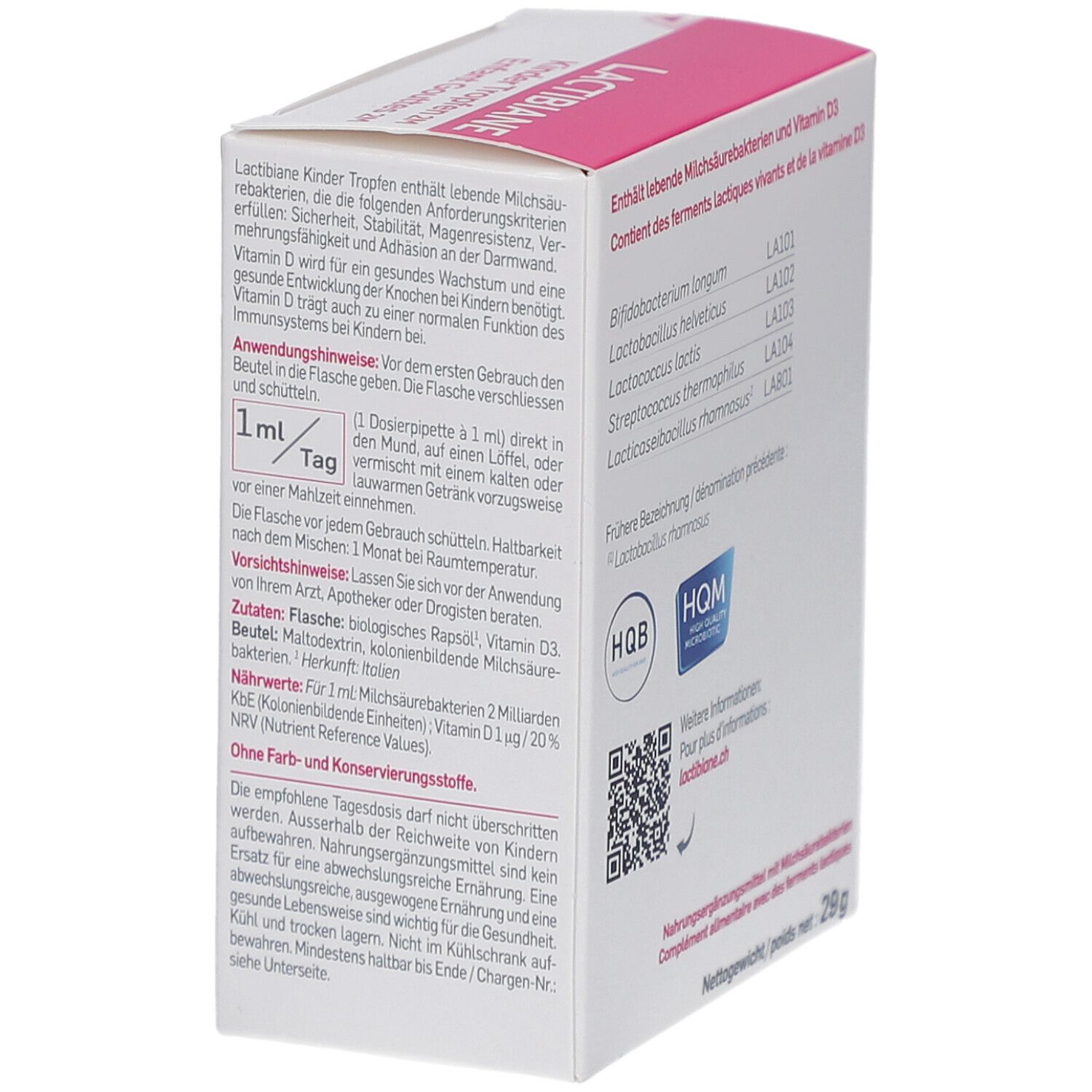 Rückseite der Schachtel. Anwendungshinweise und Inhaltsstoffe. Enthält lebende Milchsäurebakterien und Vitamin D3. HQM-Qualitätszeichen.
