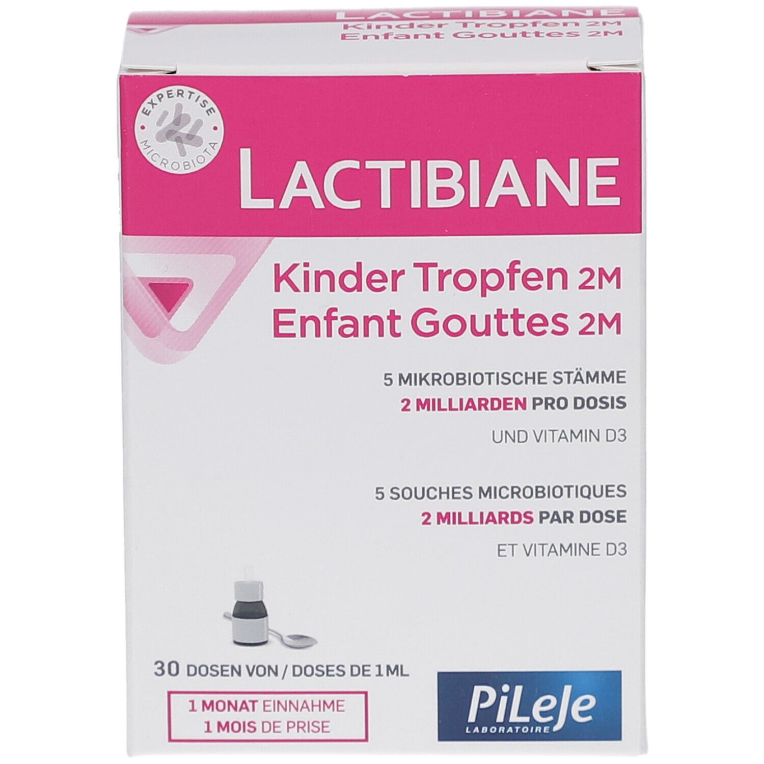 Weiße Schachtel mit rosa Akzenten. Aufschrift: Lactibiane Kinder Tropfen 2M. Enthält 5 mikrobiotische Stämme und Vitamin D3. Tropfflasche abgebildet.