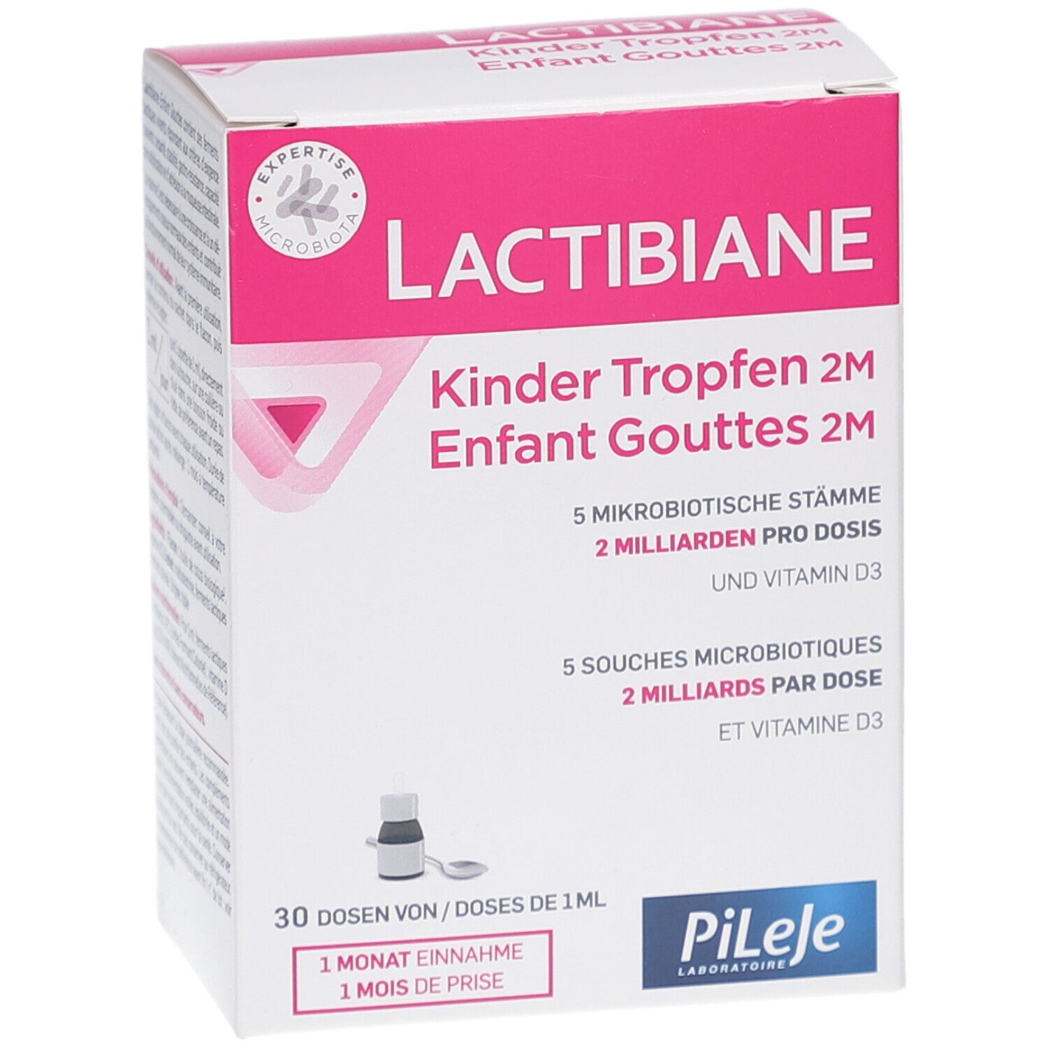 Weiße Schachtel mit rosa Akzenten. Aufschrift: Lactibiane Kinder Tropfen 2M. Enthält 5 mikrobiotische Stämme und Vitamin D3. Tropfflasche abgebildet.