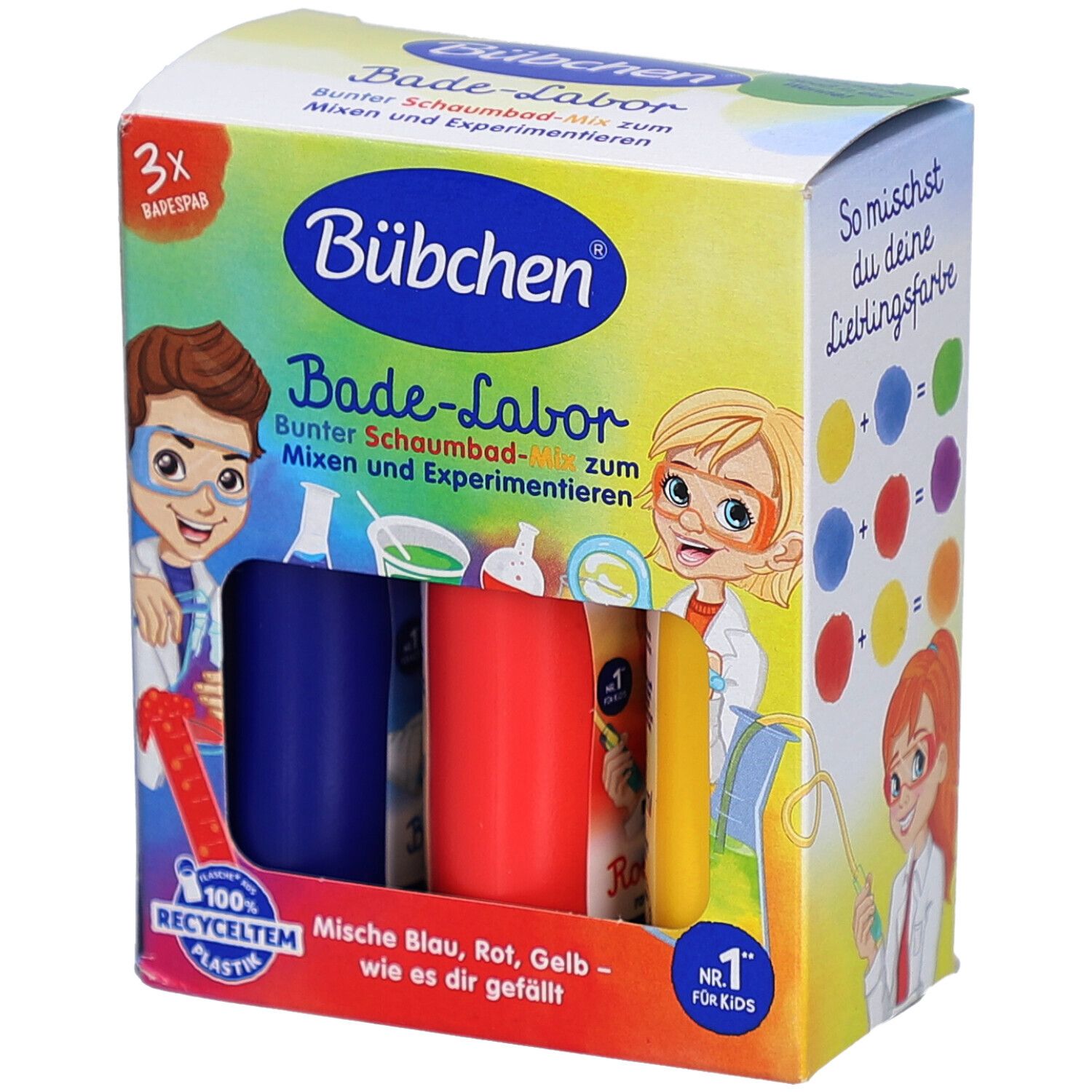 BÜBCHEN Bad-Labor Schaumbad-Mix. Boîte avec trois bains moussants bleus, rouges et jaunes. Illustrations d'enfants.