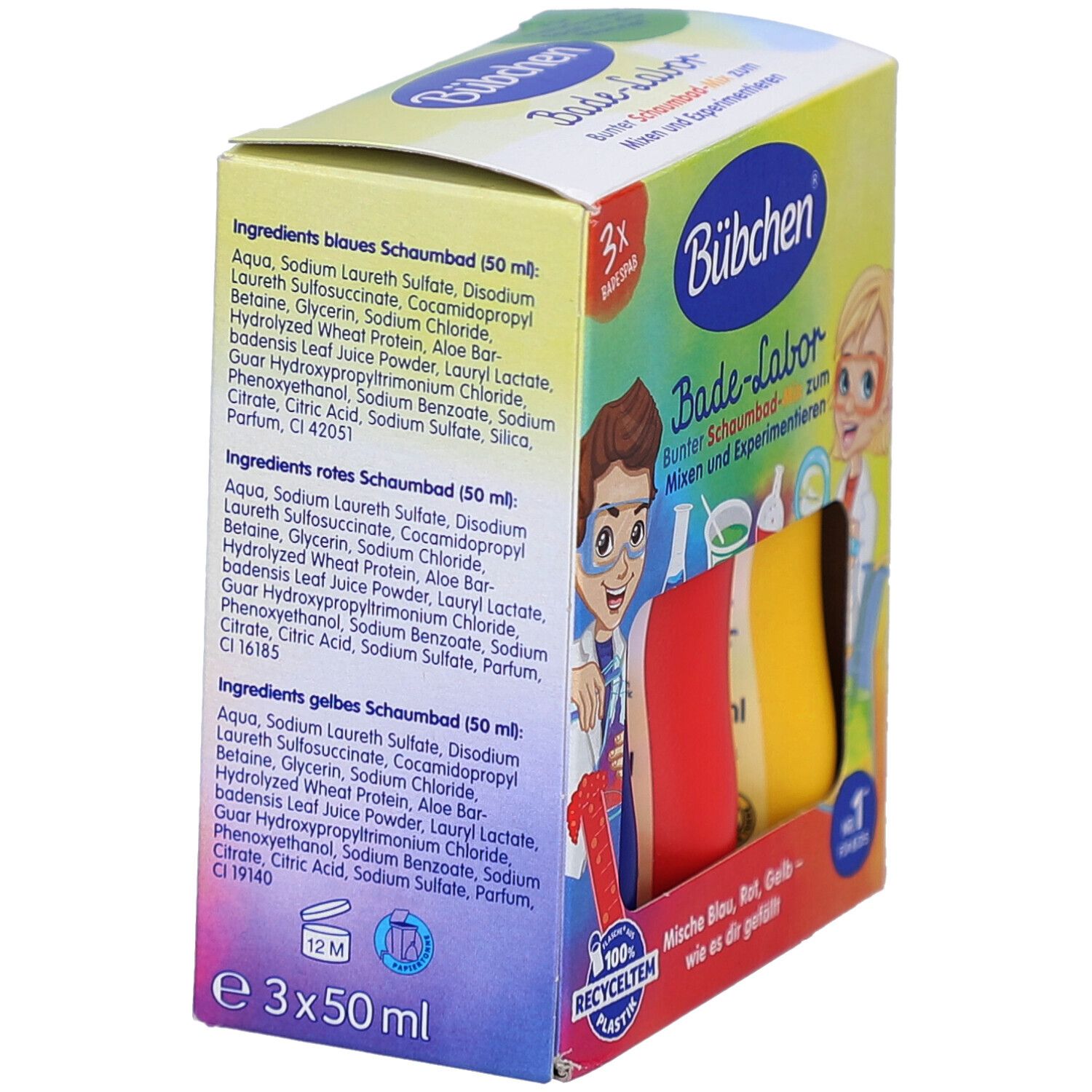 Dos de l'emballage BÜBCHEN Bad-Labor. Contient les ingrédients et des informations sur les bains moussants.