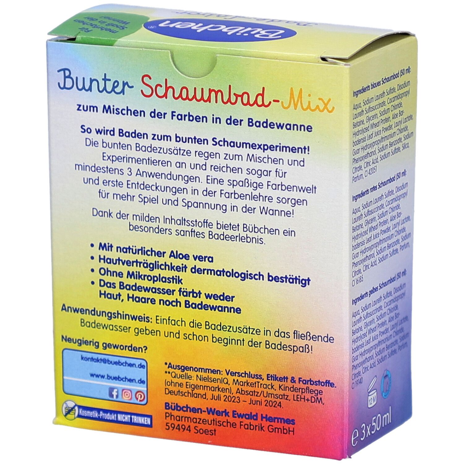 Dos de l'emballage BÜBCHEN Bad-Labor. Texte sur le produit et ses avantages. Diagramme de couleurs.