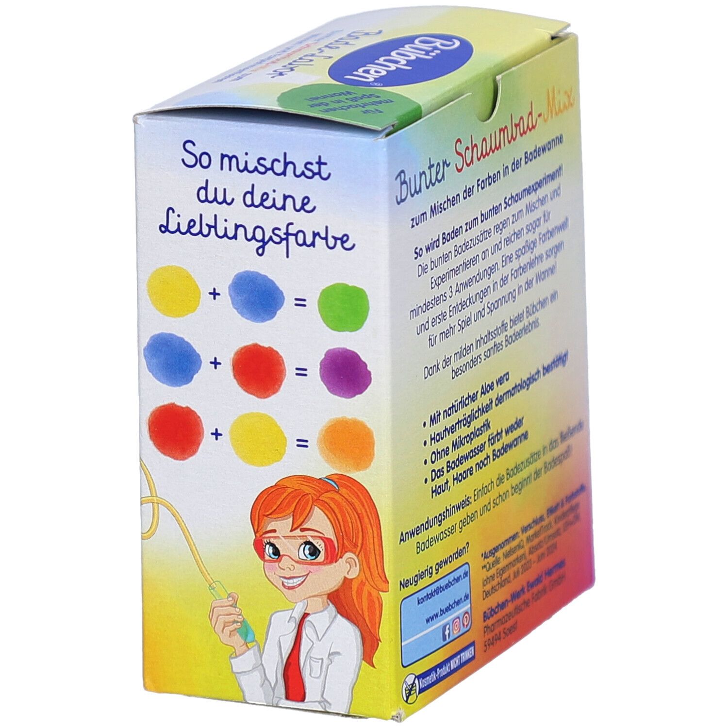 Emballage BÜBCHEN Bad-Labor. Diagramme de couleurs avec des couleurs mélangées. Illustration d'une fille avec une éprouvette.