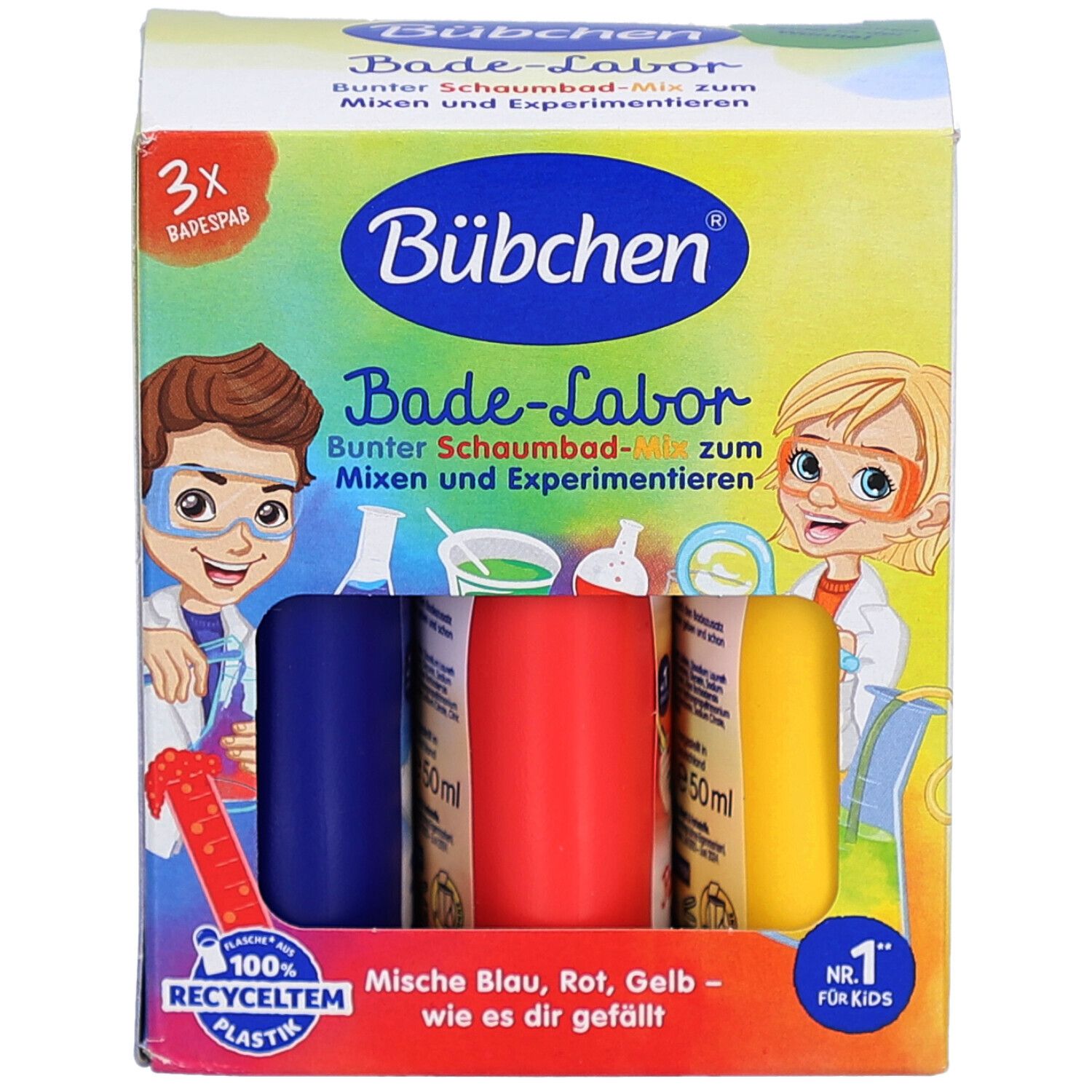 BÜBCHEN Bad-Labor Schaumbad-Mix. Boîte avec trois bains moussants bleus, rouges et jaunes. Illustrations d'enfants.