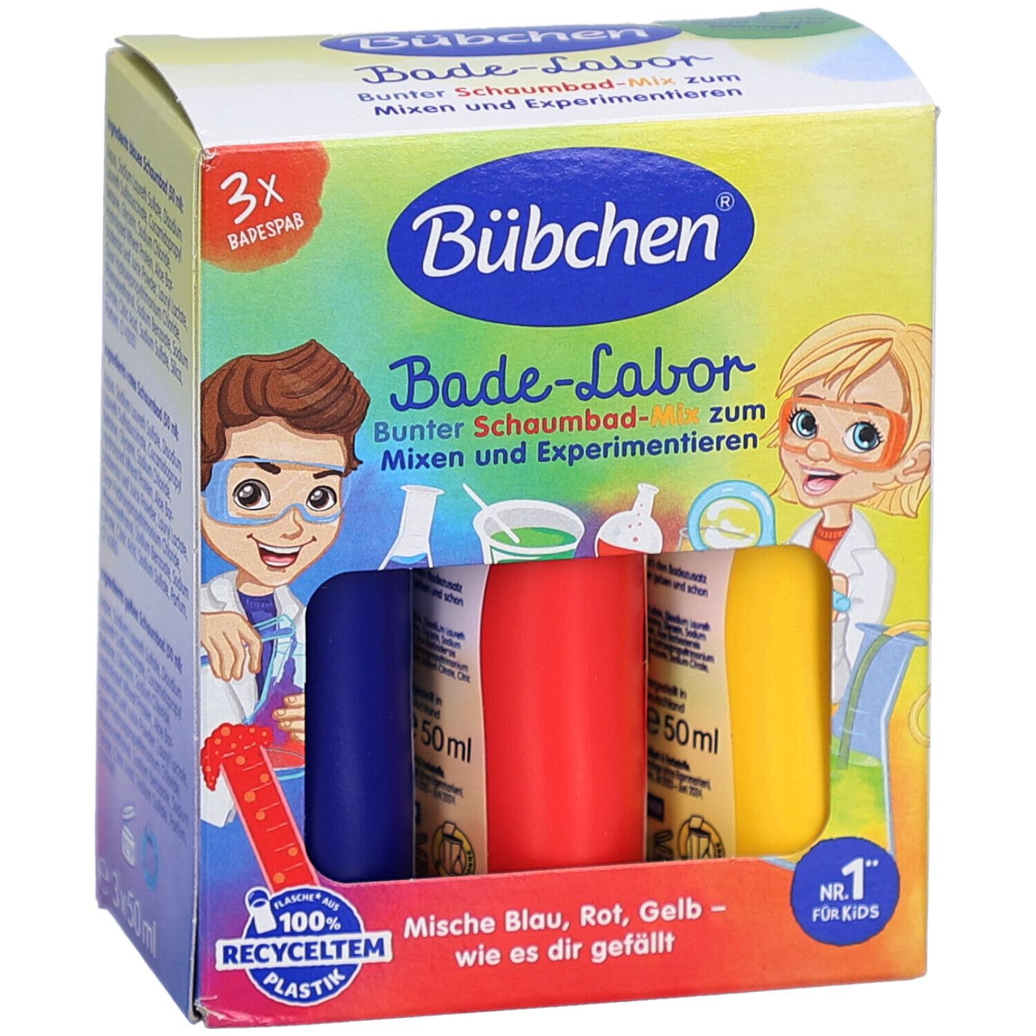 BÜBCHEN Bad-Labor Schaumbad-Mix. Boîte avec trois bains moussants bleus, rouges et jaunes. Illustrations d'enfants.