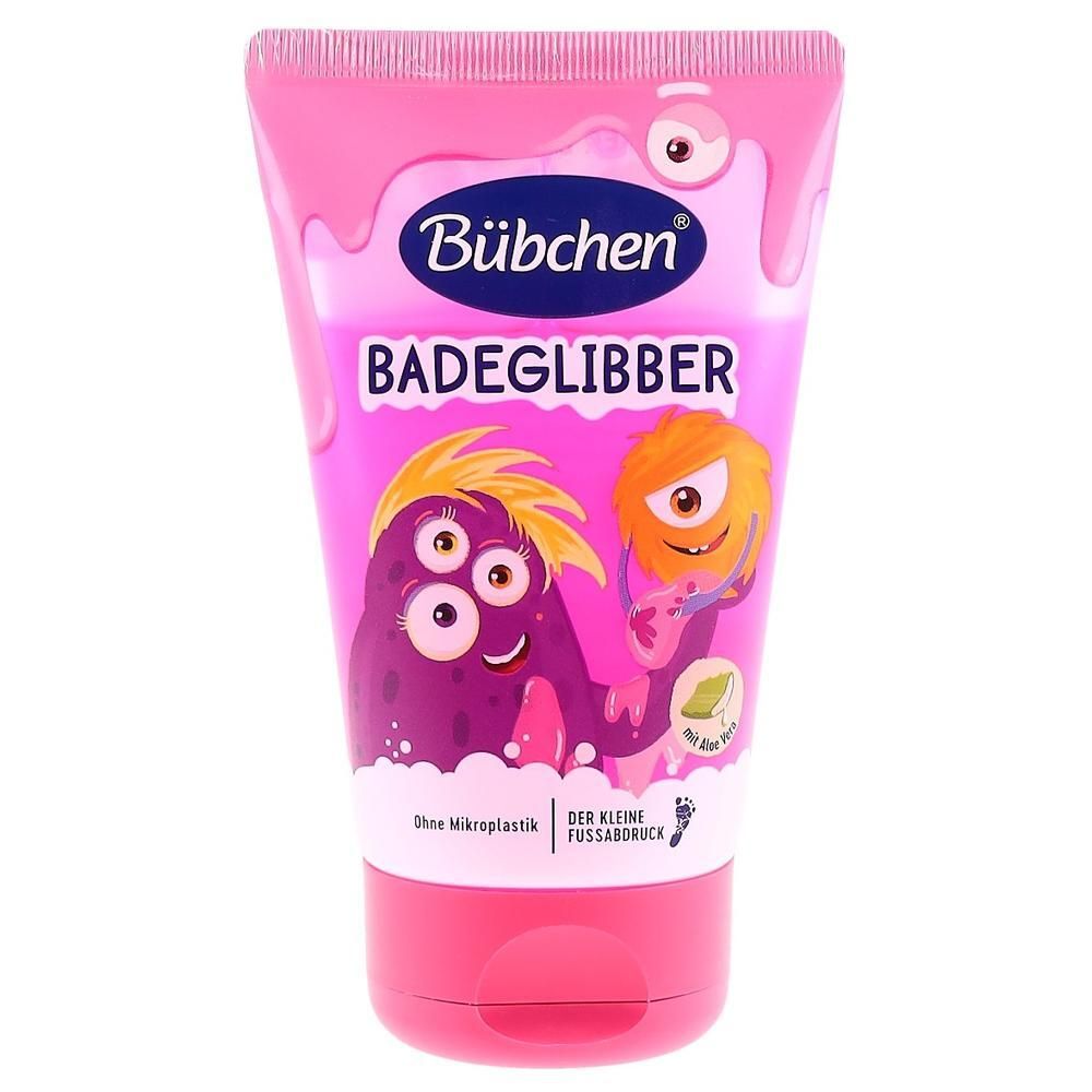 Tube rose avec nom du produit et personnages de dessins animés. Marque Bübchen. Inscription BADGLIBBER.