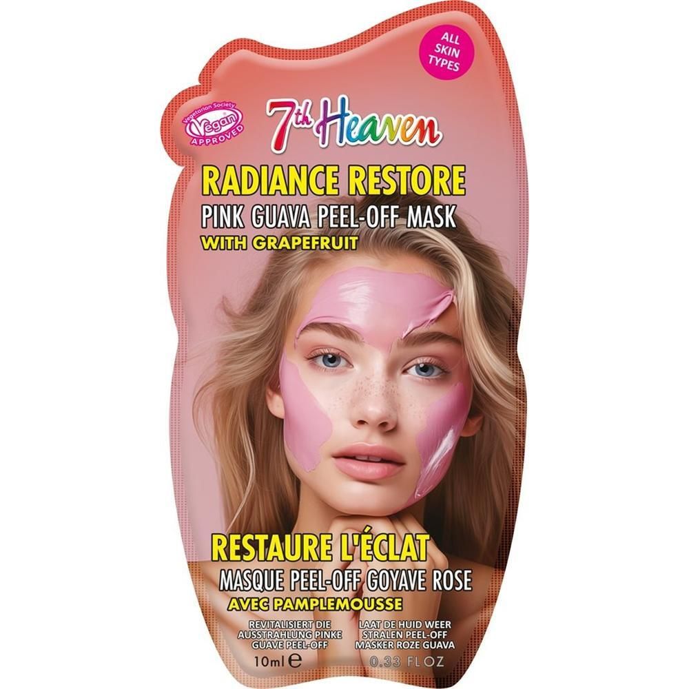 7th Heaven Pink Guava Peel-Off Maske mit Grapefruit. Rosa Maske auf dem Gesicht einer Frau.