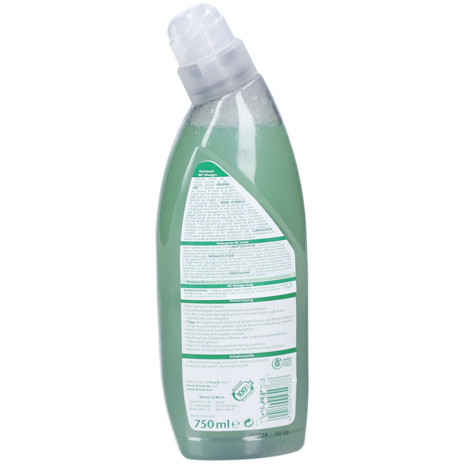 Dos du flacon vert. Sections de texte en plusieurs langues. En bas: 750ml. Logo: symbole de recyclage.