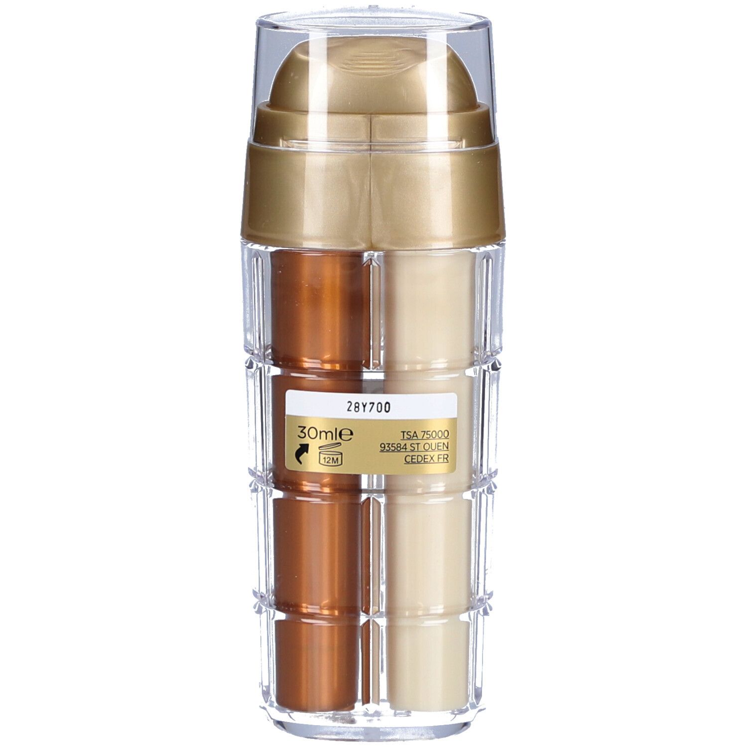 Dos du flacon de sérum double. Affiche des informations telles que le volume, le numéro de lot et les détails du fabricant sur fond blanc.